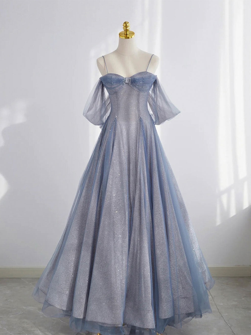Lace Dress, Gray Blue Tulle Tea Length Prom Dress, Blue A line Formal Dresses