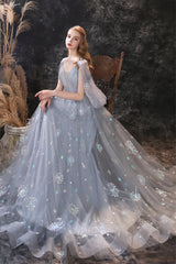 Bridesmaid Dress Designers, Gray Dandelion Lace V-neck Beading Back Prom Dresses