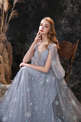 Bridesmaids Dress Designers, Gray Dandelion Lace V-neck Beading Back Prom Dresses