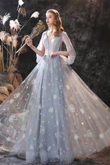 Bridesmaids Dress Designs, Gray Dandelion Lace V-neck Beading Back Prom Dresses