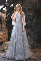 Bridesmaid Dresses Design, Gray Dandelion Lace V-neck Beading Back Prom Dresses