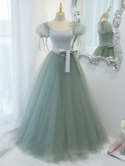 Party Dress, Gray Green A-Line Tulle Long Prom Dress, Gray Green Formal Dress