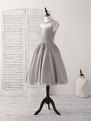 Party Dress Sales, Gray High Neck Lace Chiffon Short Prom Dress Gray Bridesmaid Dress