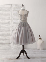 Party Dresses Sale, Gray High Neck Lace Chiffon Short Prom Dress Gray Bridesmaid Dress