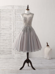 Party Dress Sale, Gray High Neck Lace Chiffon Short Prom Dress Gray Bridesmaid Dress
