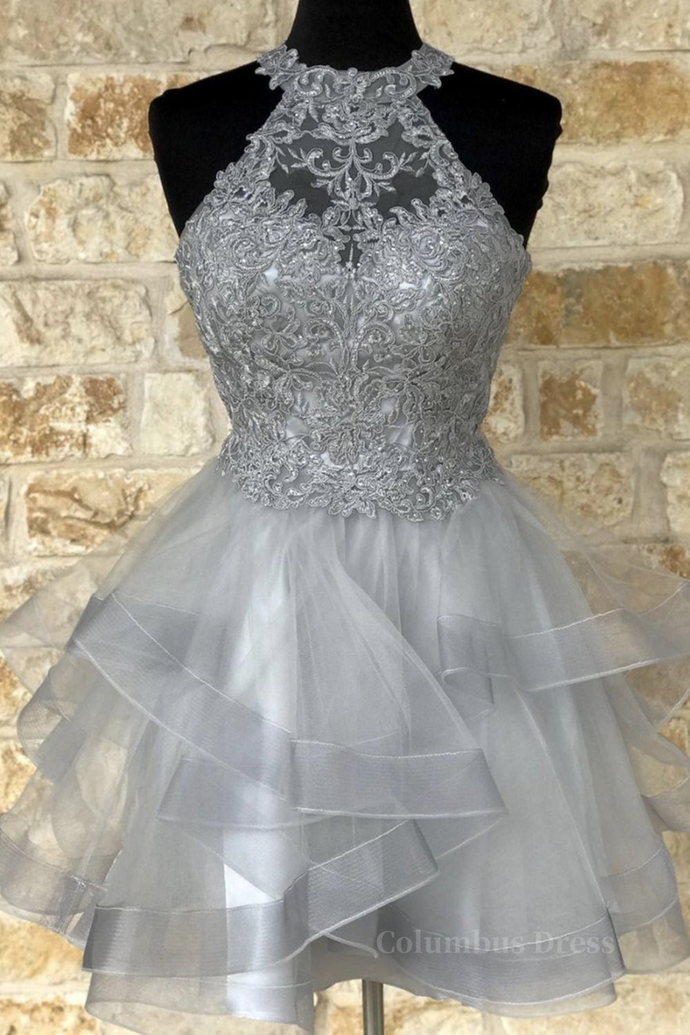 Sparklie Dress, Gray Lace Short Prom Dresses, Fluffy Gray Lace Homecoming Dresses, Gray Formal Evening Dresses