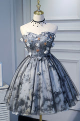 Prom Aesthetic, Gray Lace Strapless Short Prom Dress, A-Line Sweetheart Neckline Party Dress