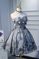 Night Club Outfit, Gray Lace Strapless Short Prom Dress, A-Line Sweetheart Neckline Party Dress