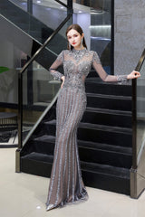 Bridesmaid Dresses Style, Gray Long Sleeve Mermaid Prom Dresses With Sequins High-Neck Prom Dresses