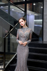 Bridesmaids Dresses Styles, Gray Long Sleeve Mermaid Prom Dresses With Sequins High-Neck Prom Dresses