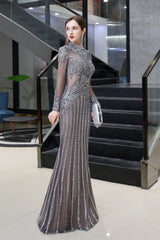 Bridesmaids Dress Styles, Gray Long Sleeve Mermaid Prom Dresses With Sequins High-Neck Prom Dresses