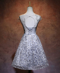 Formal Dresses Over 52, Gray Round Neck Lace Short Prom Dress,Cute Homecoming Dress