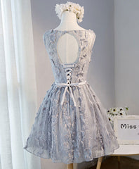 Evening Dress Simple, Gray Round Neck Lace Short Prom Dress, Cute Lace Homecoming Dress