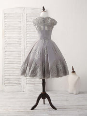 Wedding Pictures Ideas, Gray Round Neck Lace Short Prom Dress Gray Bridesmaid Dress