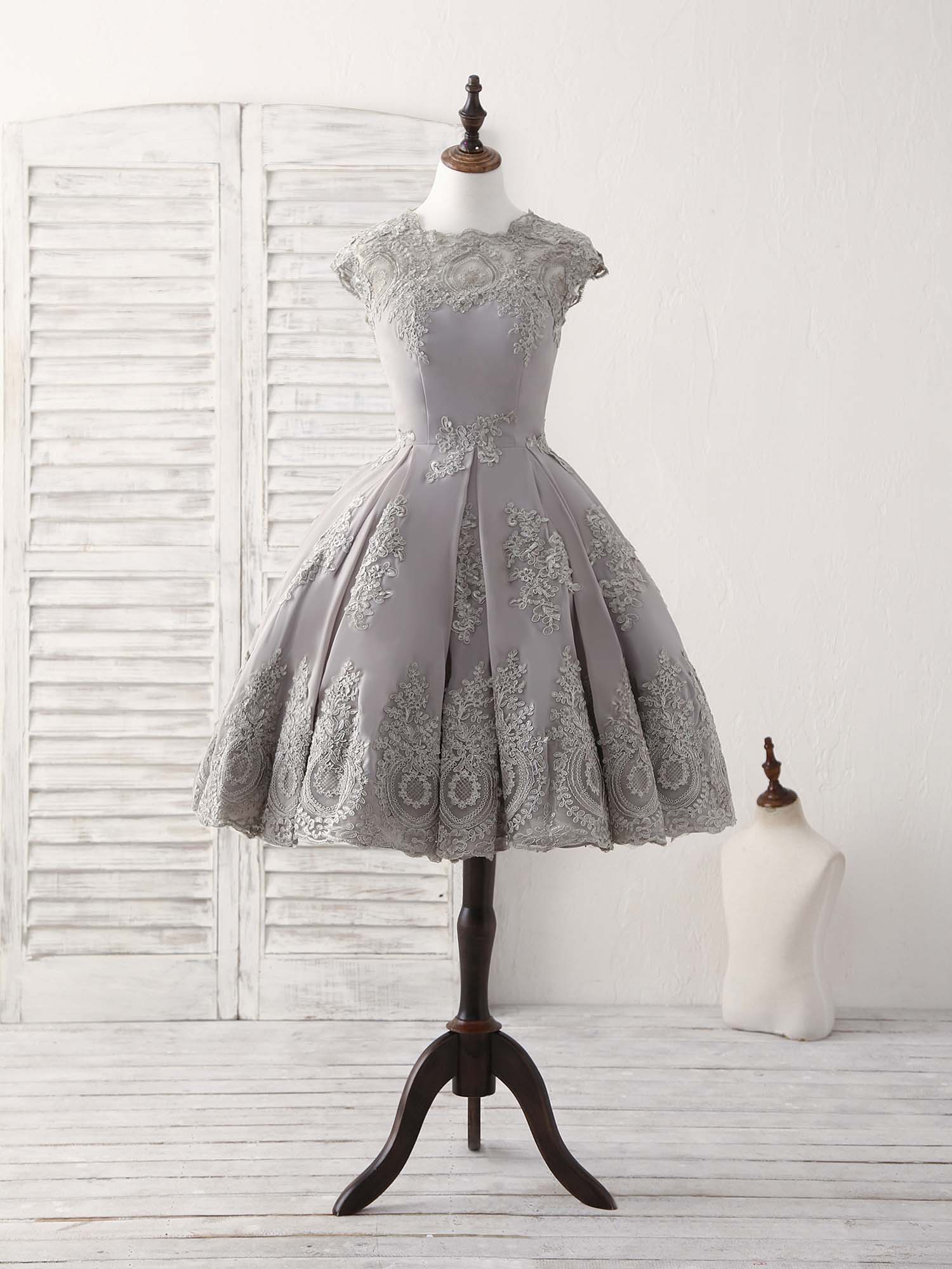 Nice Dress, Gray Round Neck Lace Short Prom Dress Gray Bridesmaid Dress