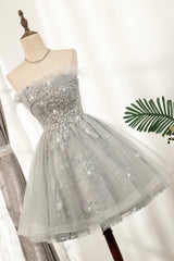 Bridesmaides Dresses Green, Gray Strapless Tulle Short Prom Dress with Sequins, Cute A-Line Party Dress