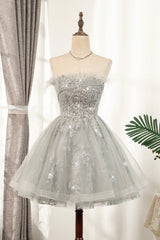 Bridesmaid Dresses 2033, Gray Strapless Tulle Short Prom Dress with Sequins, Cute A-Line Party Dress