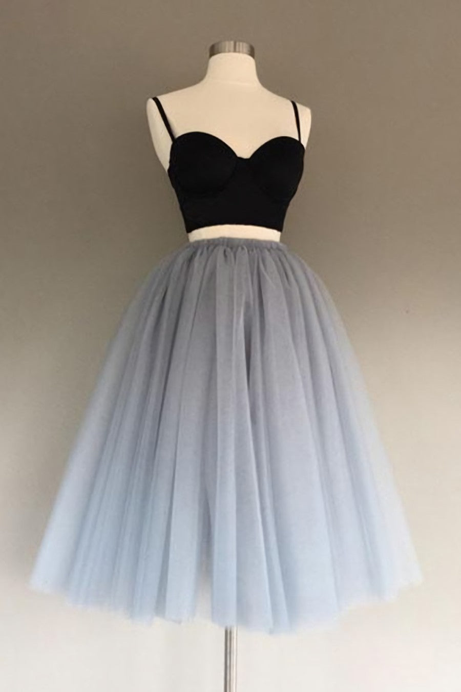 Prom Dresses Open Back, Gray Tulle Charming A-Line Two-Piece Short Homecoming Dress,Cocktail Dress