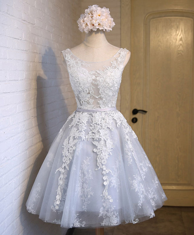 Evening Dress Dresses, Gray Tulle Lace Applique Short Prom Dress, Gray Homecoming Dresses