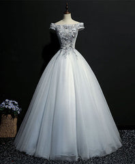 Prom Dress Boutiques, Gray Tulle Lace Off Shoulder Long Prom Gown Tulle Lace Evening Dress