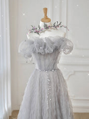 Prom Dresses Shops, Gray tulle off shoulder long prom dress, gray tulle formal dress