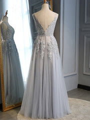 Garden Wedding, Gray Tulle with Lace Long Prom Dresses, A-line Floor Length Gray Evening Dresses, Gray Bridesmaid Dresses