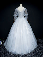 Formal Dresses Truworths, Gray V Neck Tulle Lace Long Prom Dress, Gray Lace Evening Dress