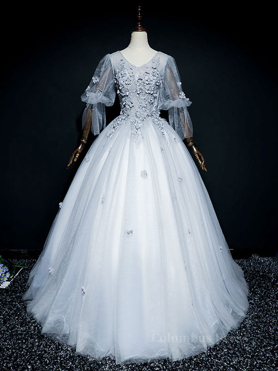 Prom Dress Vintage, Gray v neck tulle lace long prom dress, gray tulle lace evening dress