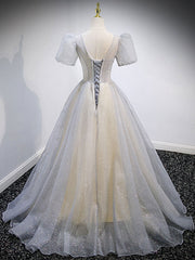 Prom Dress Prom Dresses, Gray v neck tulle sequin long prom dress, gray tulle formal dress