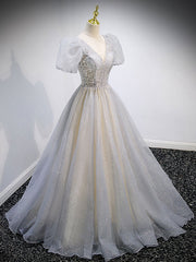 Prom Dress Near Me, Gray v neck tulle sequin long prom dress, gray tulle formal dress