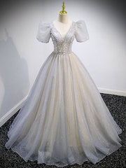 Prom Dresses Prom Dress, Gray v neck tulle sequin long prom dress, gray tulle formal dress
