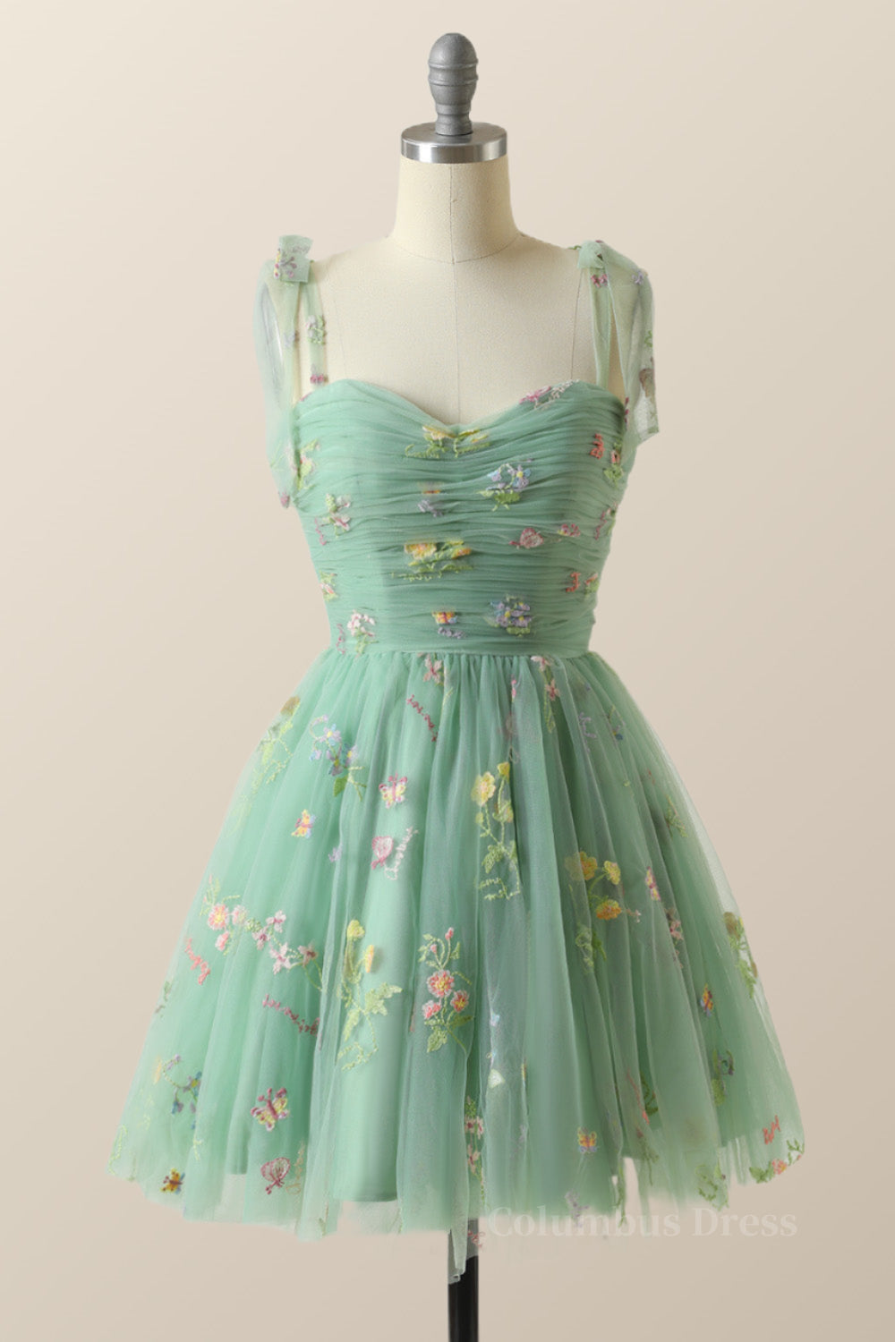 Dress Design, Green A-line Floral Embroidered Short Party Dress