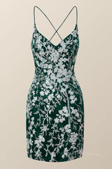 Prom Dress For Girl, Green and White Floral Tight Mini Dress