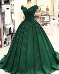 Prom Dresses Shiny, Green Ball Gown Satin Prom Dresses Lace V Neck Formal Dress,Quinceanera Dresses
