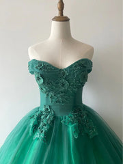 Bridesmaids Dress Long, Green Ball Gown Tulle Off Shoulder with Lace Applique, Green Sweet 16 Dress Party Dress