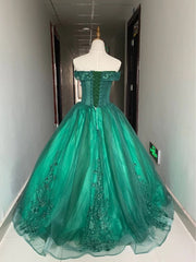 Bridesmaids Dresses Long, Green Ball Gown Tulle Off Shoulder with Lace Applique, Green Sweet 16 Dress Party Dress