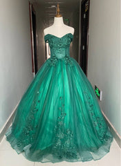 Bridesmaid Dress Styles, Green Ball Gown Tulle Off Shoulder with Lace Applique, Green Sweet 16 Dress Party Dress