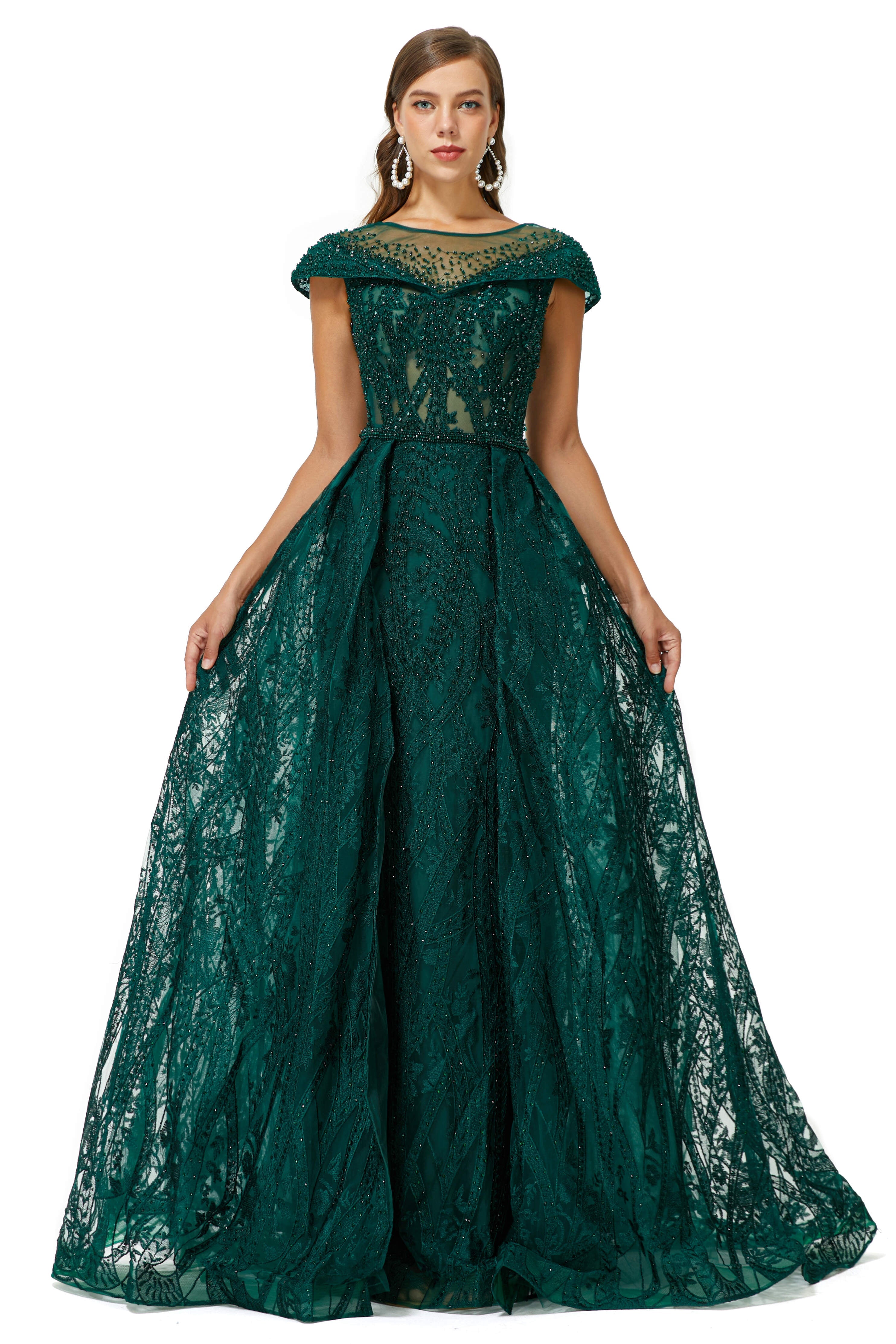 Silk Prom Dress, Beaded Cap Sleeves Prom Dresses with Overskirt