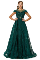 Chic Dress Classy, Beaded Cap Sleeves Prom Dresses with Overskirt