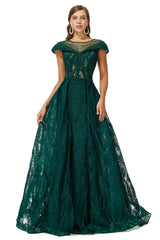 Prom Aesthetic, Beaded Cap Sleeves Prom Dresses with Overskirt