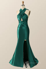 Party Dress Prom, Green Cross Front Mermaid Long Formal Dress with Slit