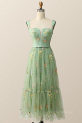 Bridesmaids Dress Inspiration, Green Embroidered A-line Midi Dress