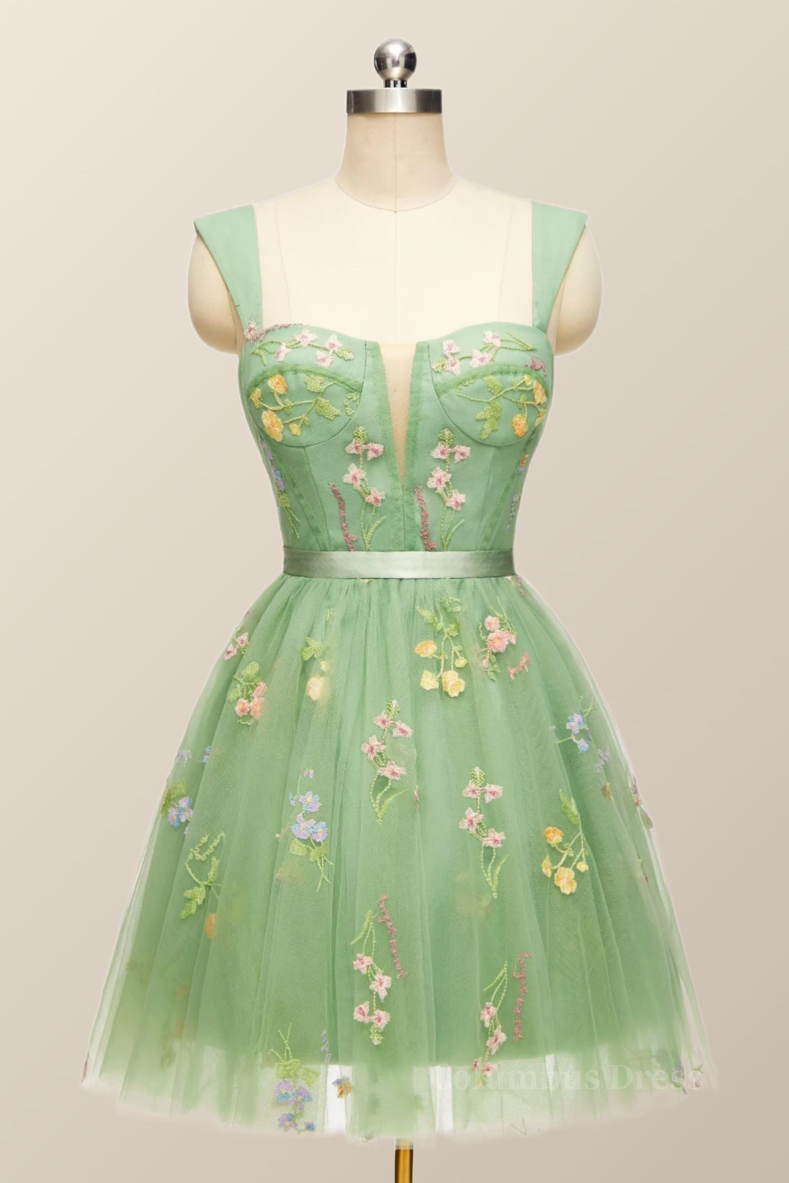 Prom Dresses Blue, Green Floral A-line Short Princess Dress with Square Neck