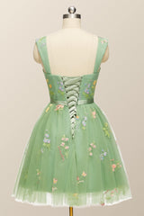 Prom Dresses Fitted, Green Floral A-line Short Princess Dress with Square Neck
