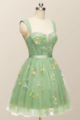 Prom Dress A Line Prom Dress, Green Floral A-line Short Princess Dress with Square Neck