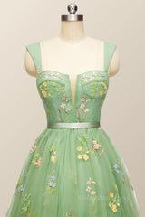 Prom Dresses Simple, Green Floral A-line Short Princess Dress with Square Neck