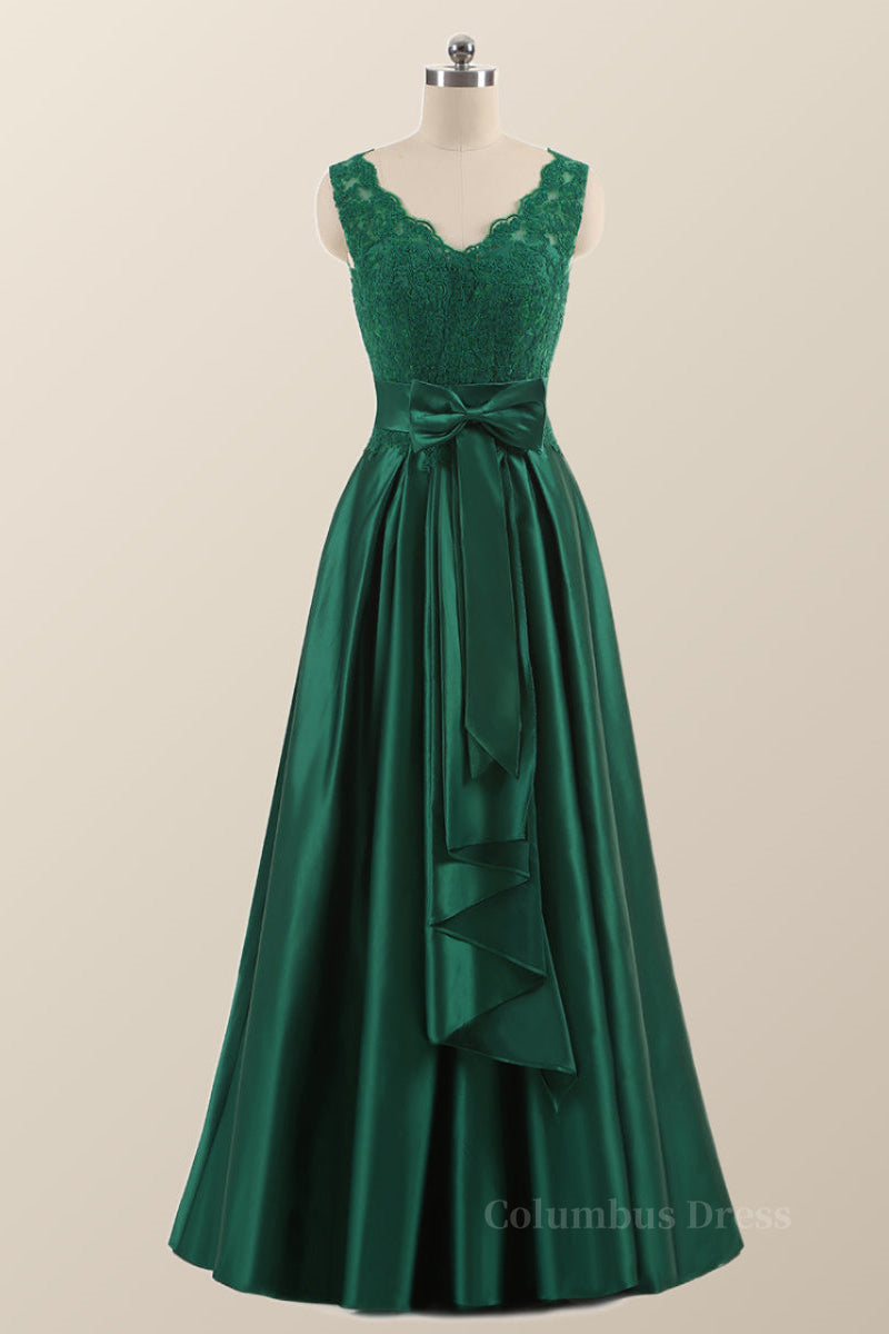 Yellow Dress, Green Lace and Satin A-line Long Formal Dress
