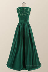 Black Tie Wedding Guest Dress, Green Lace and Satin A-line Long Formal Dress