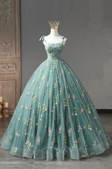 Floral Bridesmaid Dress, Green Lace Long A-Line Formal Dress, Spaghetti Strap Evening Gown