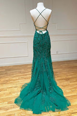 Prom Dress 2026, Green Lace Mermaid Backless Spaghetti Straps Prom Dresses, Evening Gown,maxi dresses